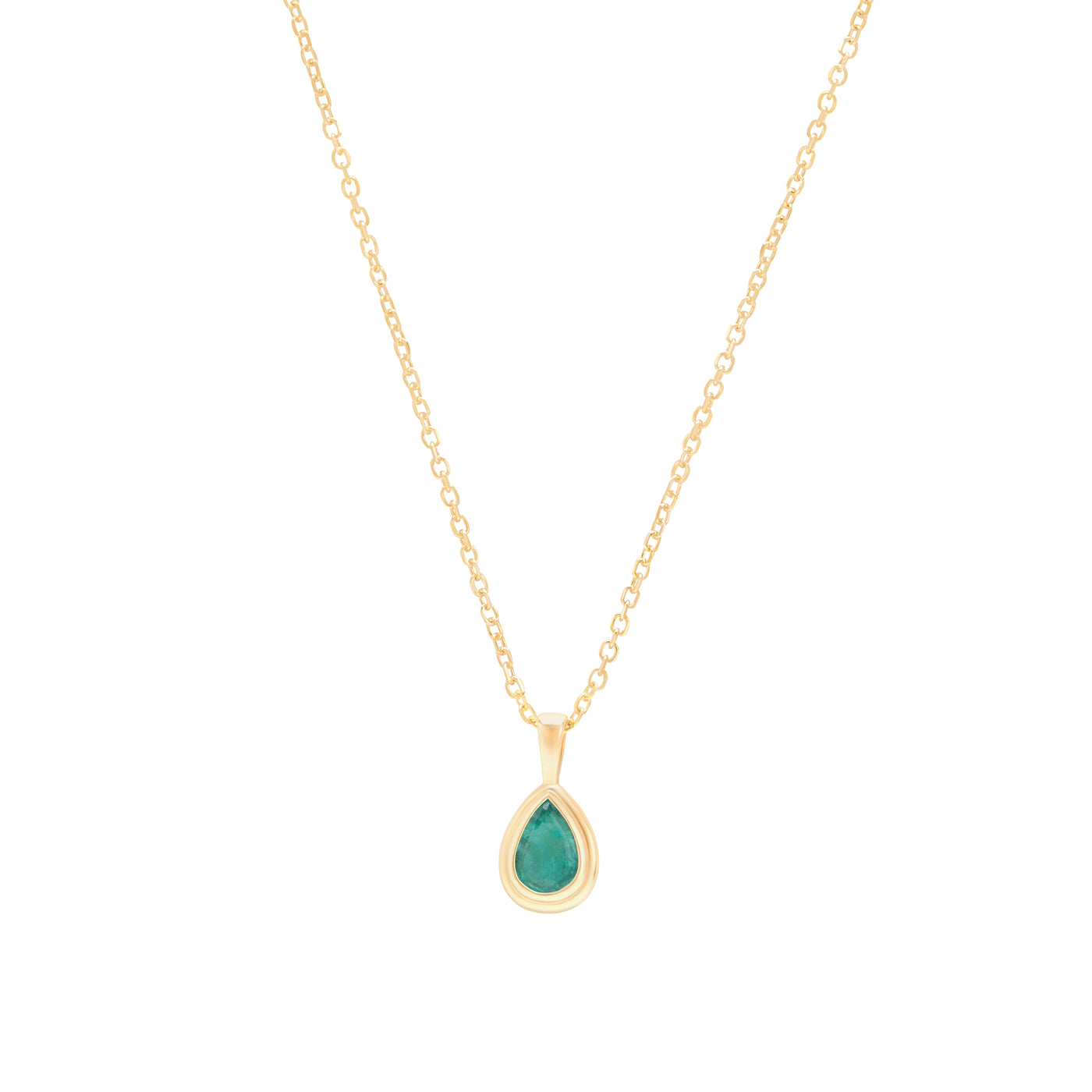 Emerald pear shaped yellow gold pendant on cable chain on white background
