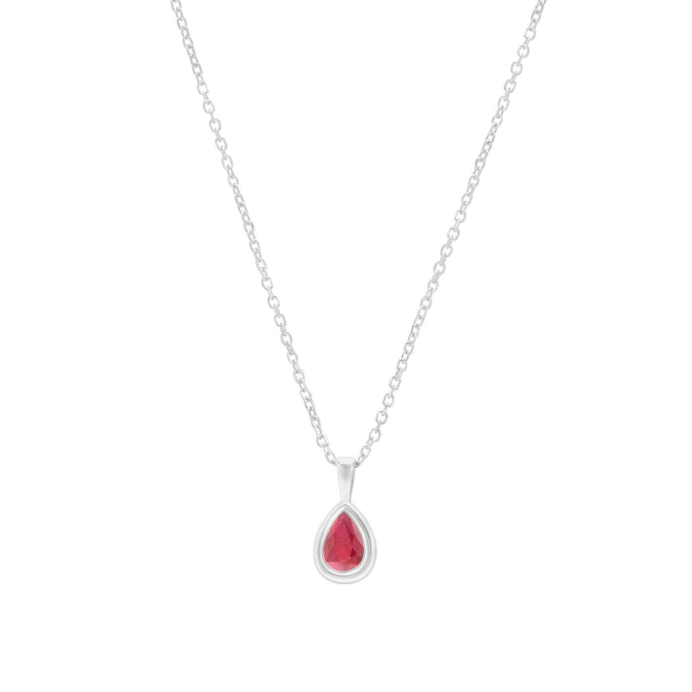 Ruby pear shaped pendant in white gold on cable chain on white background