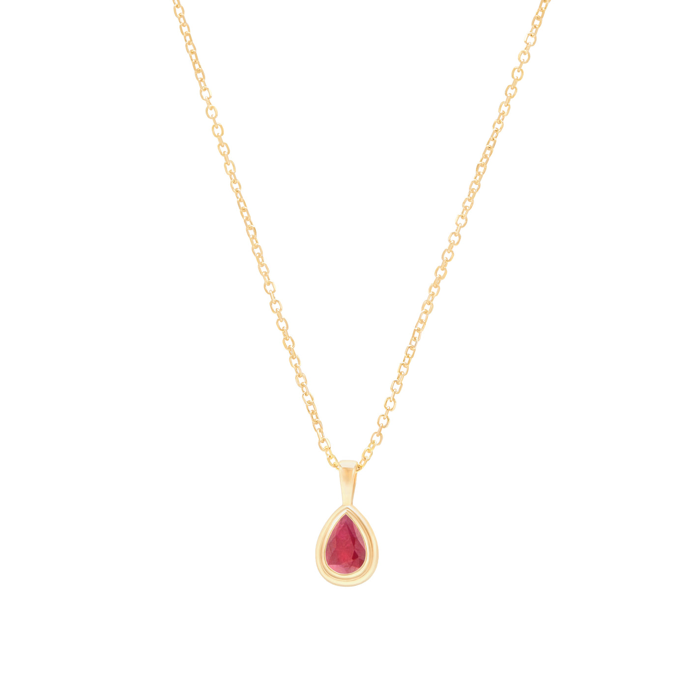 Ruby pear shaped pendant in yellow gold on cable chain on white background
