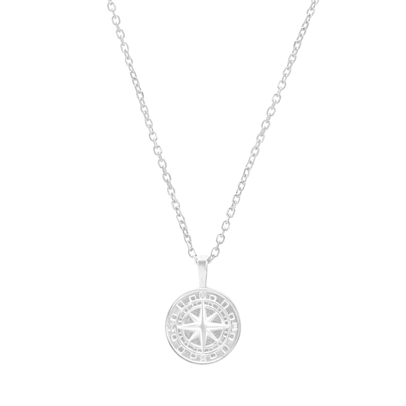 Compass pendant white gold on cable chain on white background