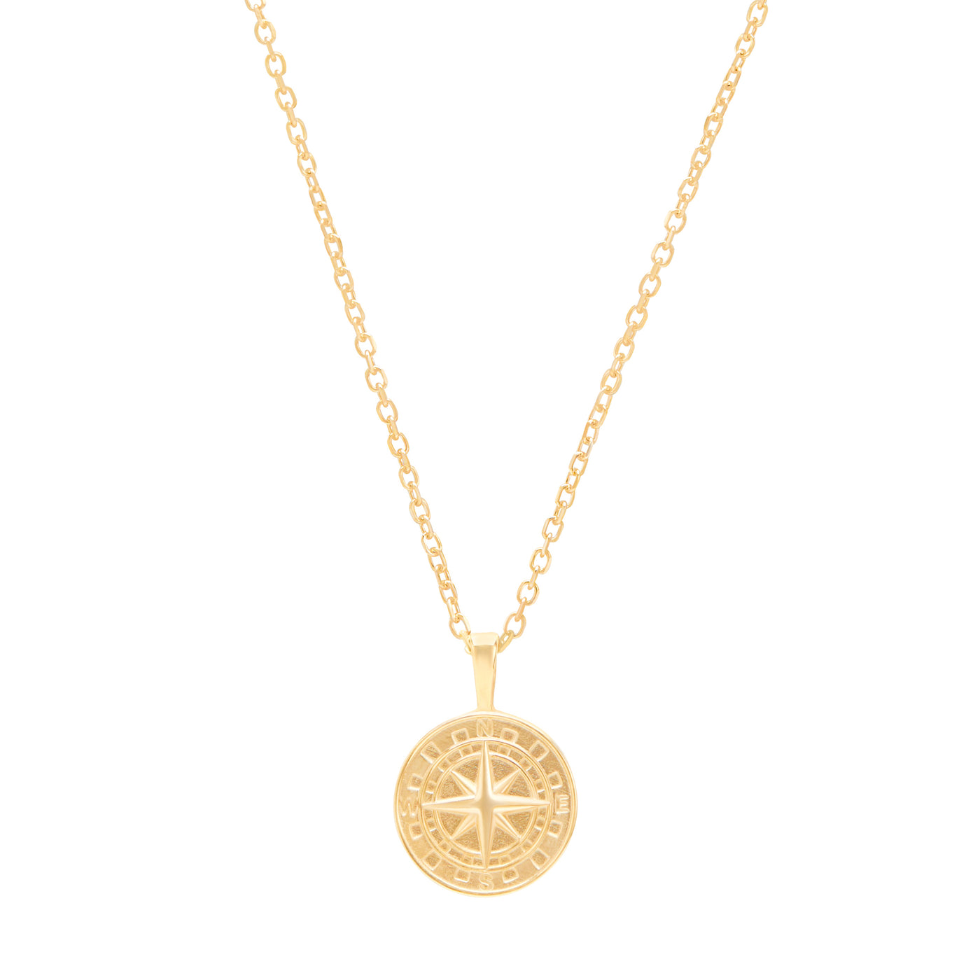 Compass pendant yellow gold on cable chain on white background