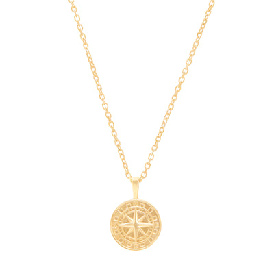 Compass pendant yellow gold on cable chain on white background