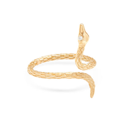 14k Yellow Gold Snake Ring with White Diamond Eyes on White Background Turned for Side View