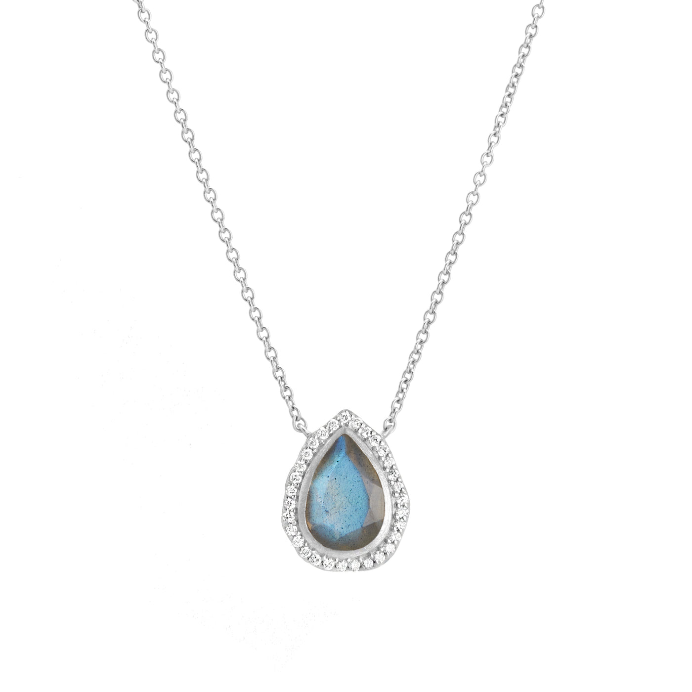 14 Karat White Gold Necklace with Pear Shaped Labradorite Stone with Halo of White Diamonds Against White Background