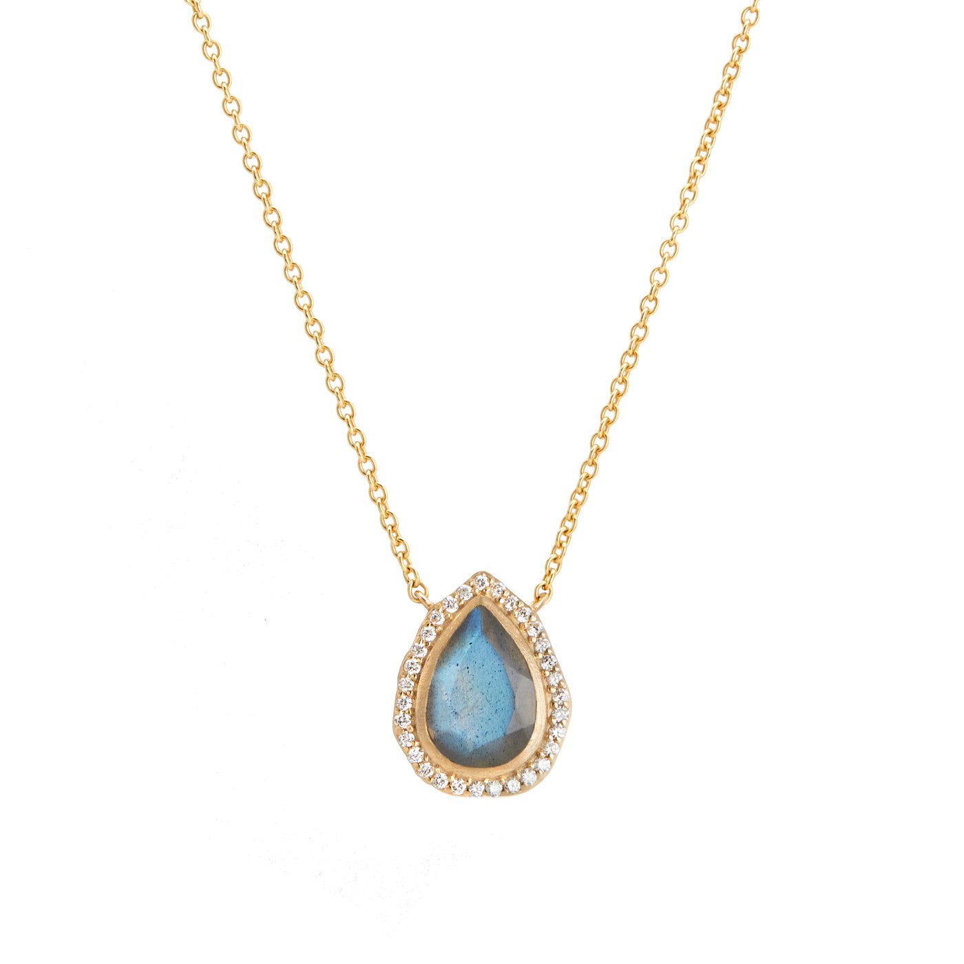 14 Karat Yellow Gold Necklace with Pear Shaped Labradorite Stone with Halo of White Diamonds Against White Background