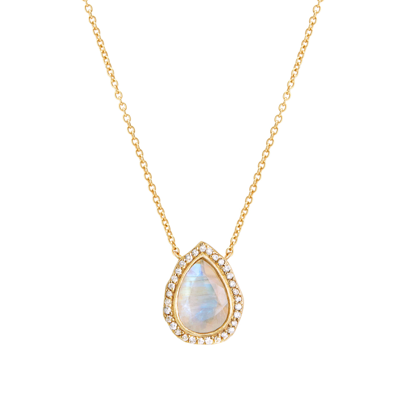14 Karat Yellow Gold Necklace with Pear Shaped Moonstone Stone with Halo of White Diamonds Against White Background
