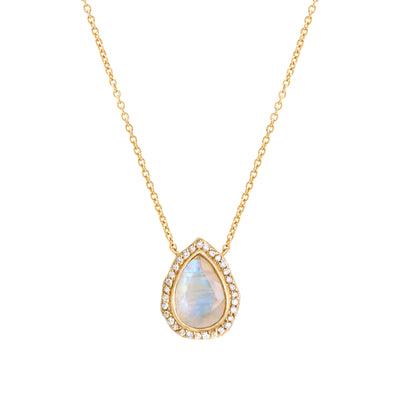 14 Karat Yellow Gold Necklace with Pear Shaped Moonstone Stone with Halo of White Diamonds Against White Background