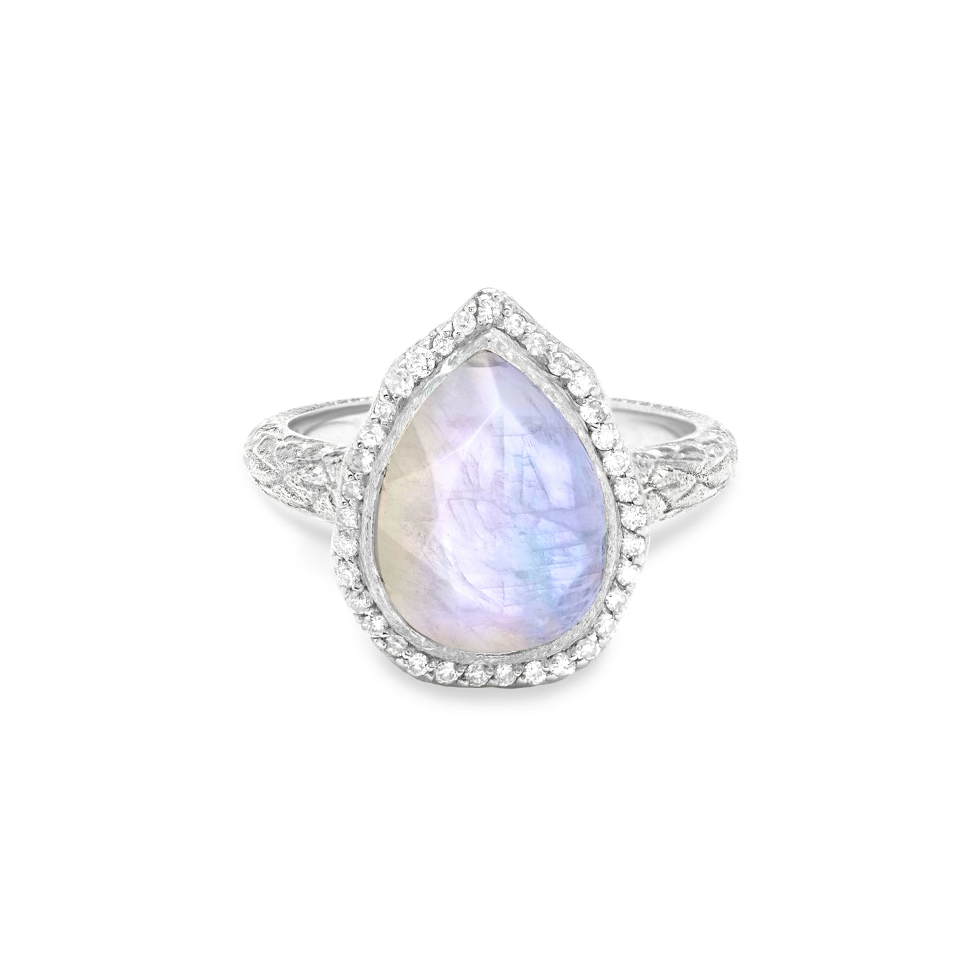 14 Karat White Gold Ring with Pear Shaped Moonstone Stone with Halo of White Diamonds Against White Background