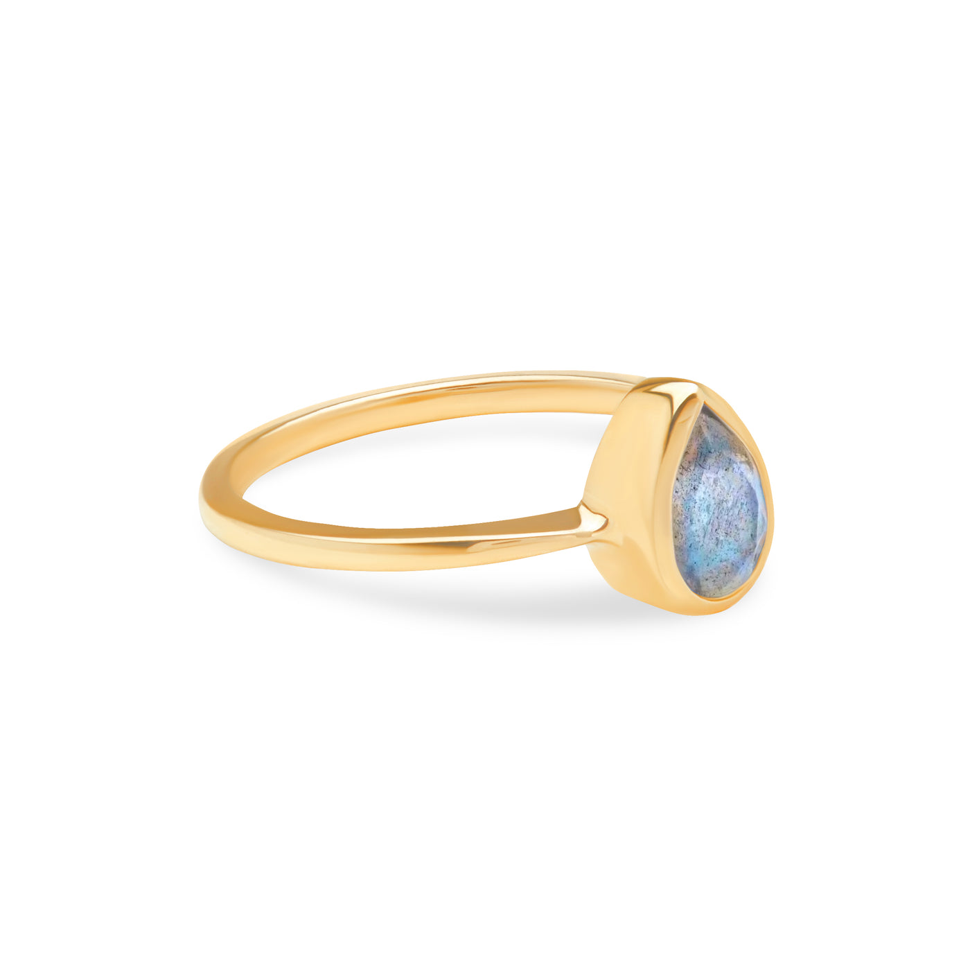 14 Karat Yellow Gold Ring with Pear Shaped Labradorite Stone Against White Background Turned for Side View