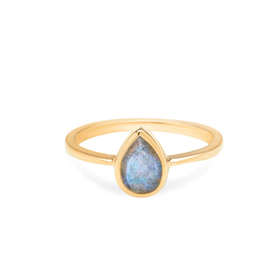 14 Karat Yellow Gold Ring with Pear Shaped Labradorite Stone Against White Background