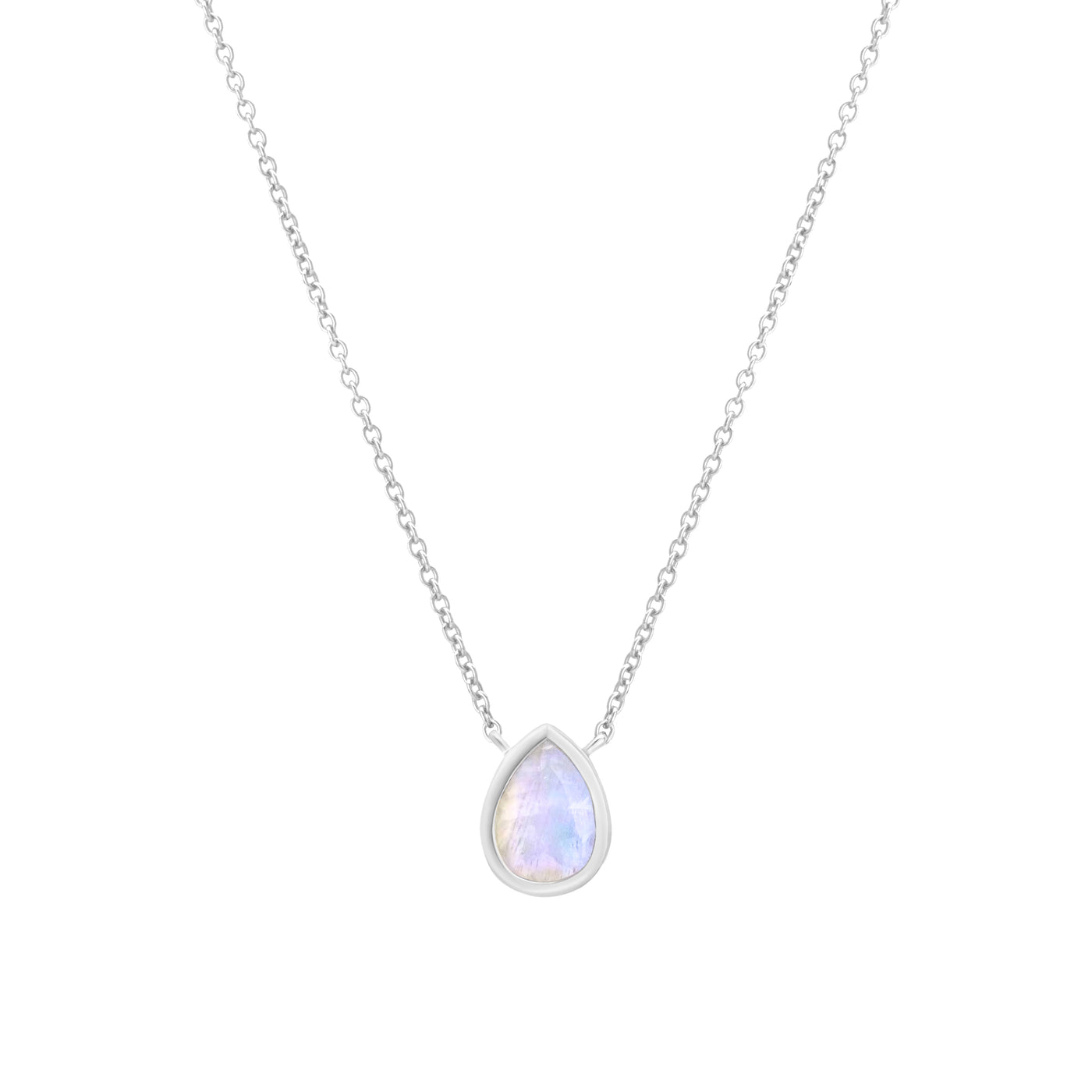 14 Karat White Gold Necklace with Pear Shaped Moonstone Against White Background