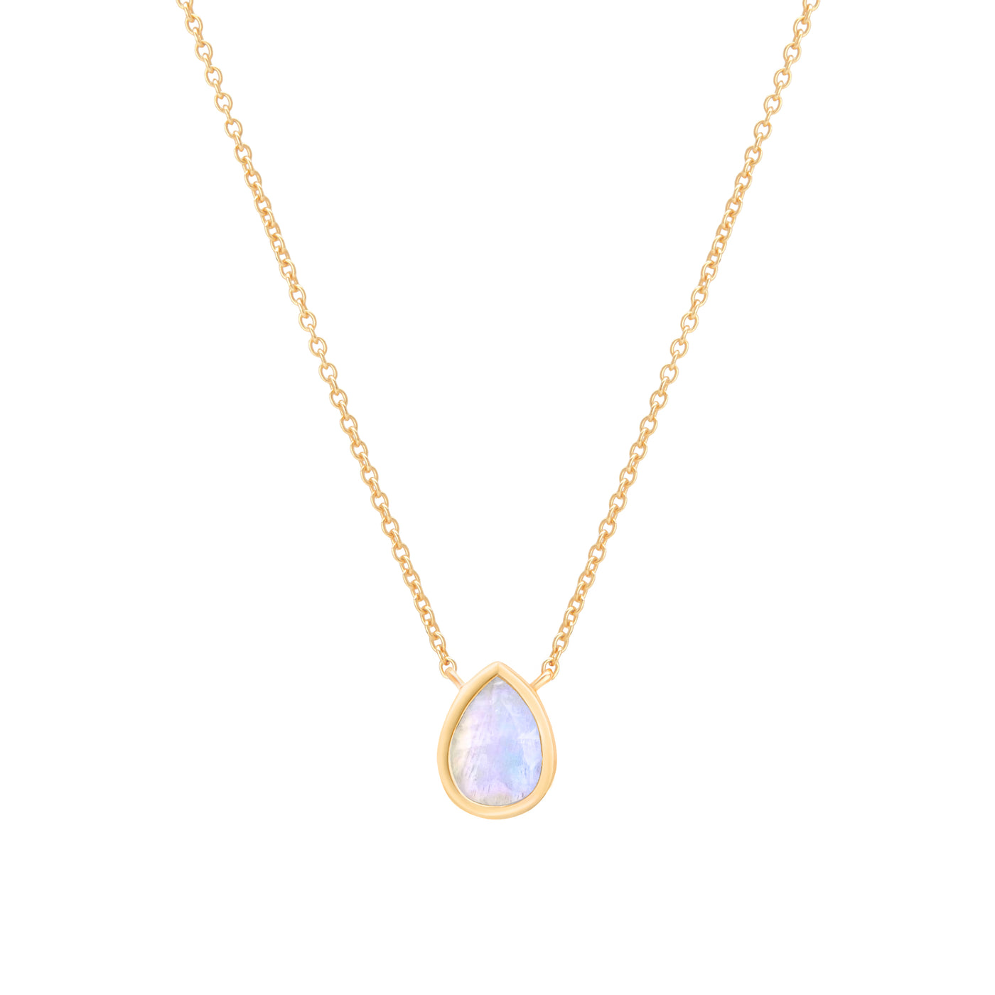 14 Karat Yellow Gold Necklace with Pear Shaped Moonstone Against White Background