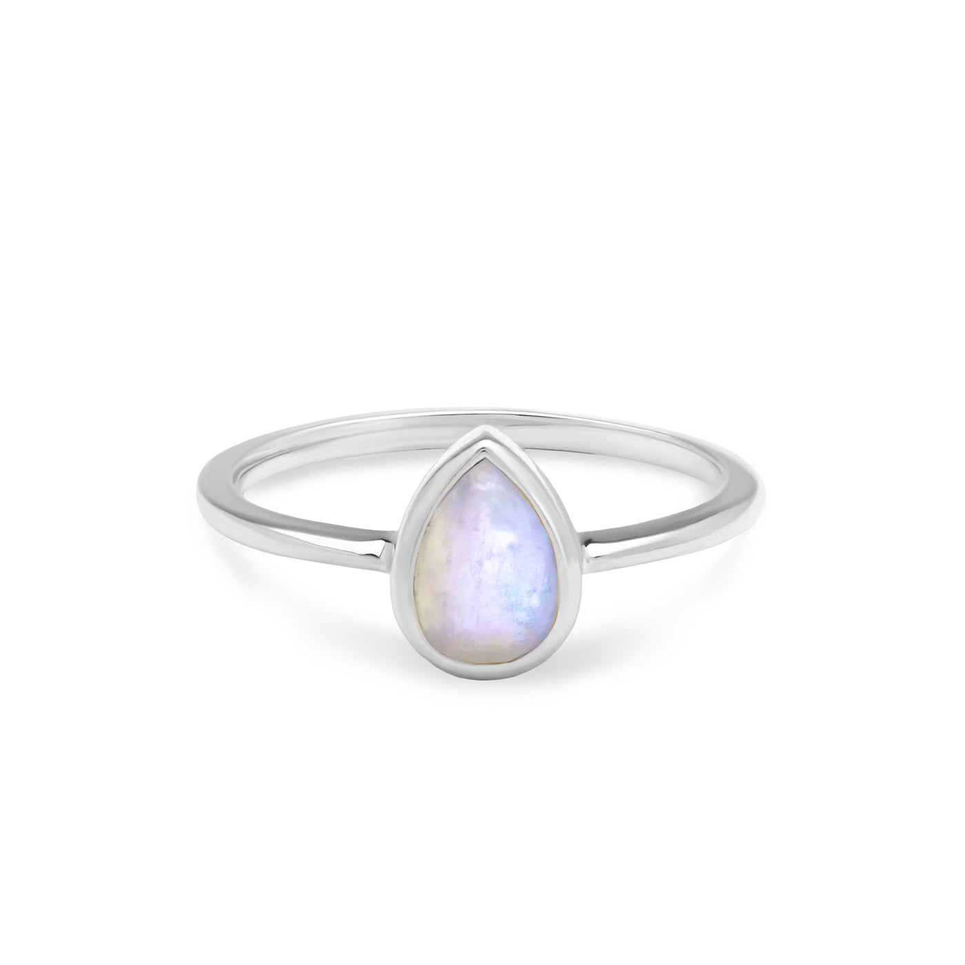 14 Karat White Gold Ring with Pear Shaped Moonstone Against White Background
