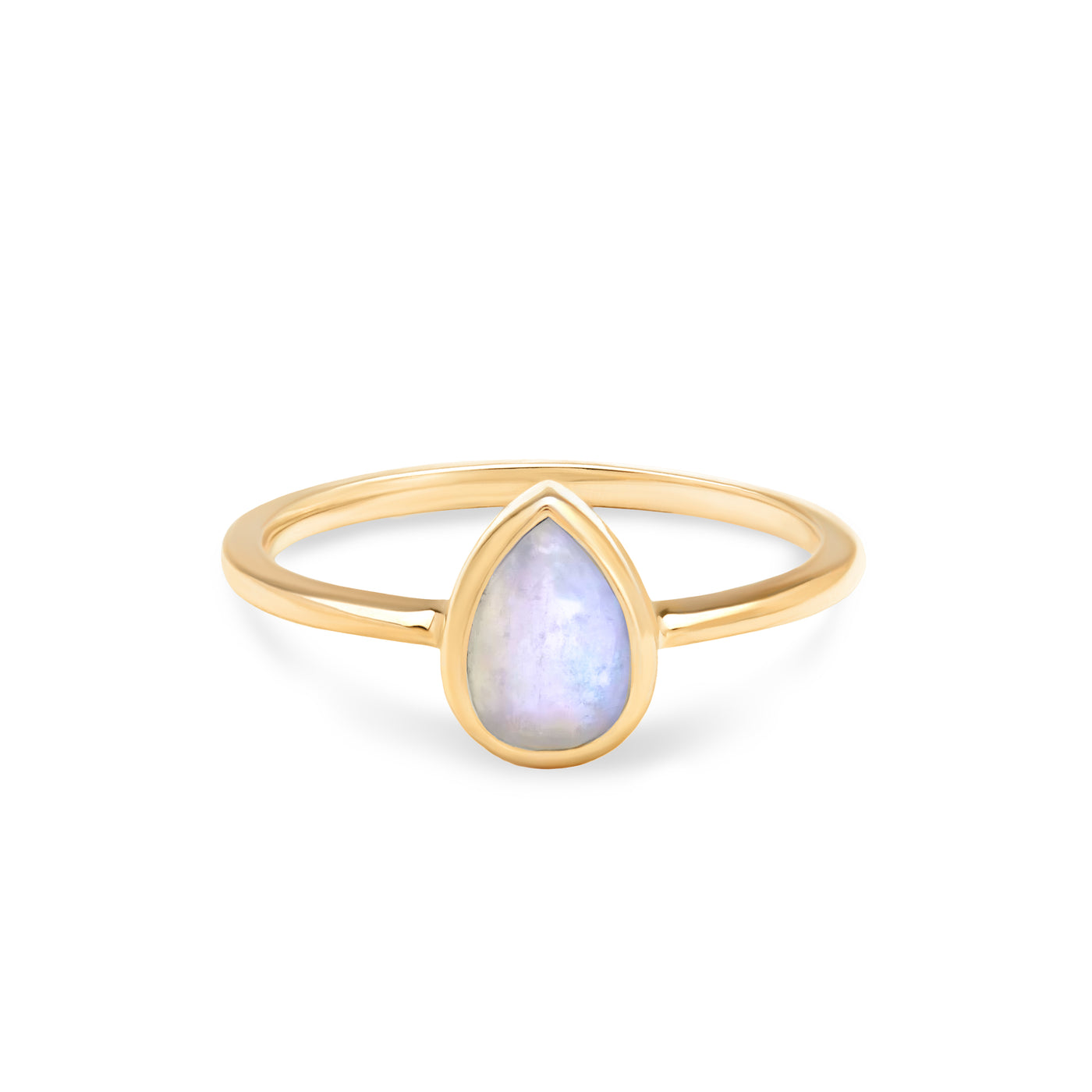 14 Karat Yellow Gold Ring with Pear Shaped Moonstone Against White Background