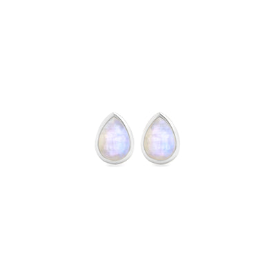 14 Karat White Gold Stud Earrings with Pear Shaped Moonstone Against White Background