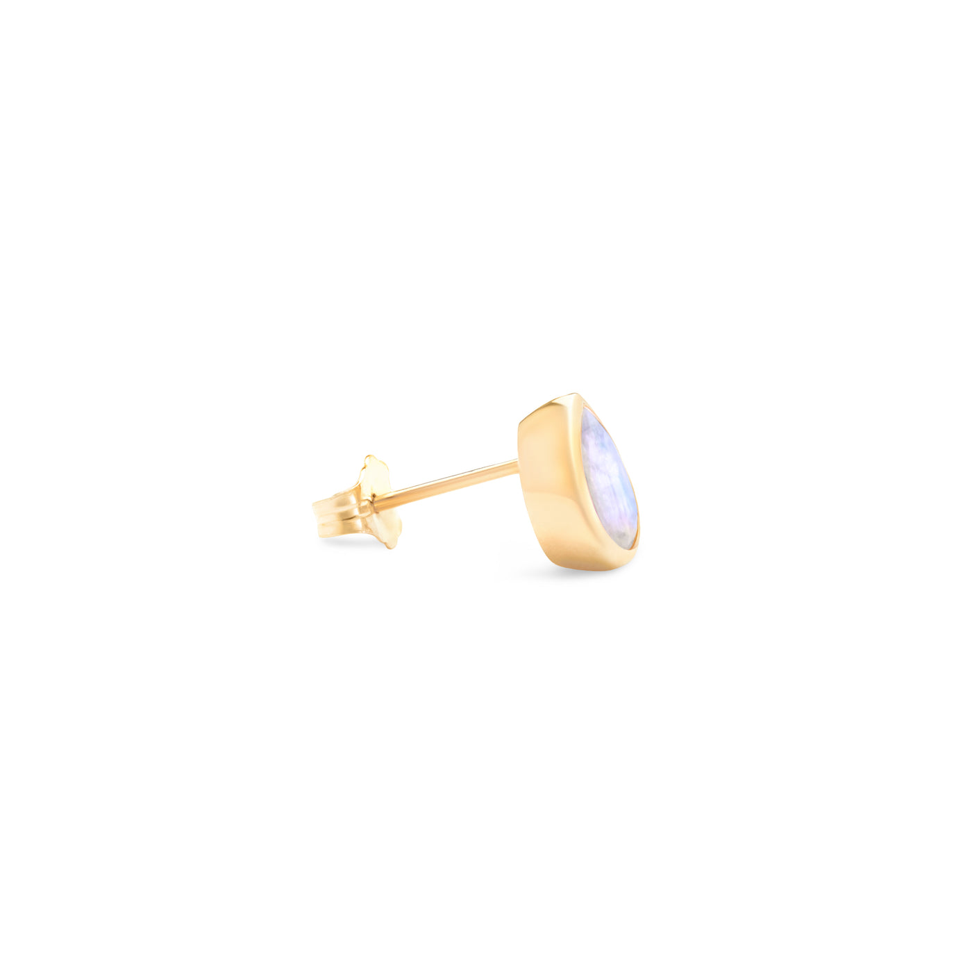 14 Karat Yellow Gold Stud Earring with Pear Shaped Moonstone Against White Background Turned for Side View