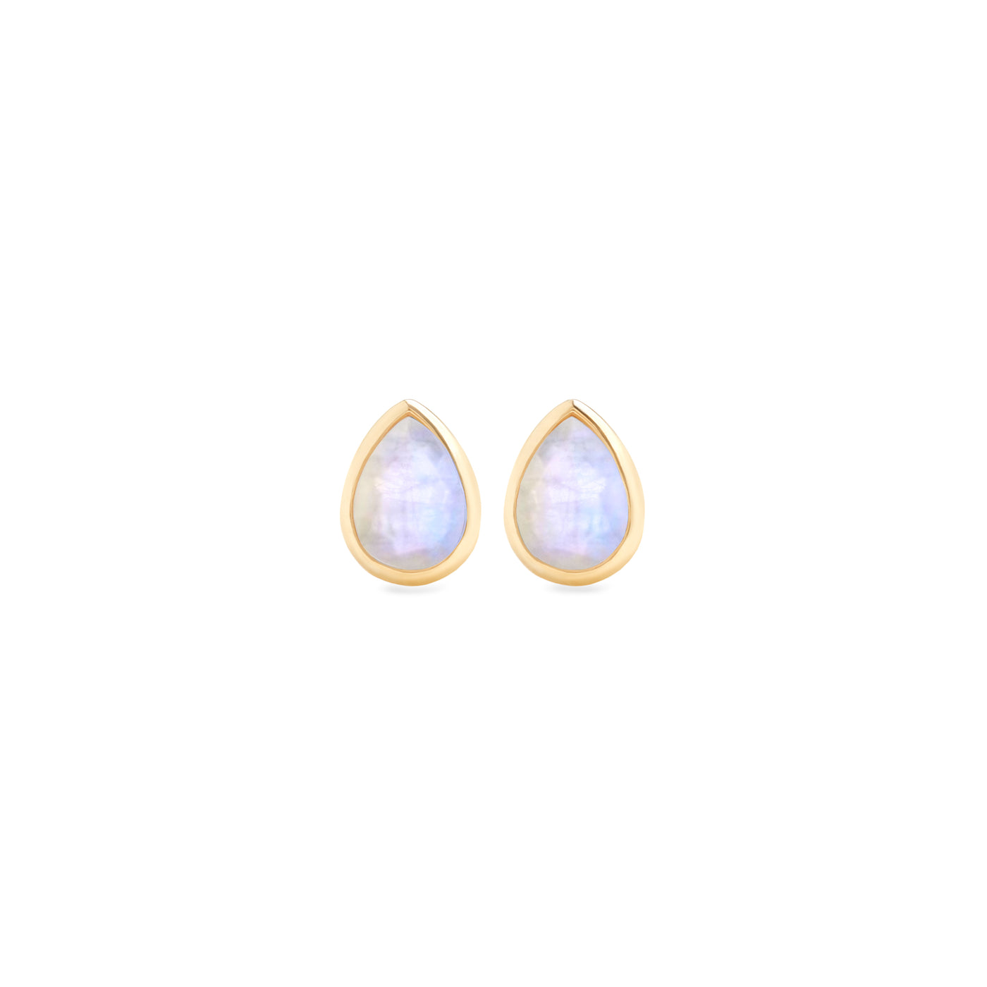 14 Karat Yellow Gold Stud Earrings with Pear Shaped Moonstone Against White Background