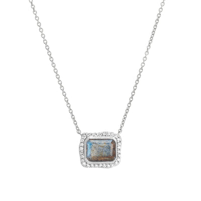 14 Karat White Gold Necklace with Rectangle Shaped Labradorite Stone with Halo of White Diamonds Against White Background