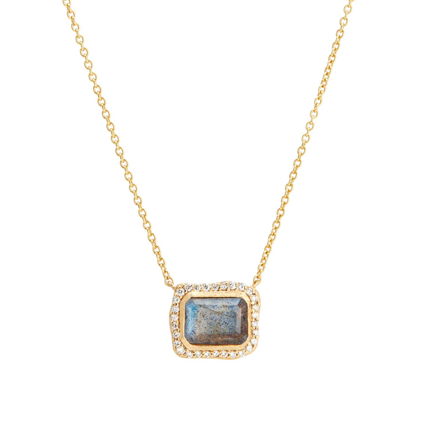 14 Karat Yellow Gold Necklace with Rectangle Shaped Labradorite Stone with Halo of White Diamonds Against White Background