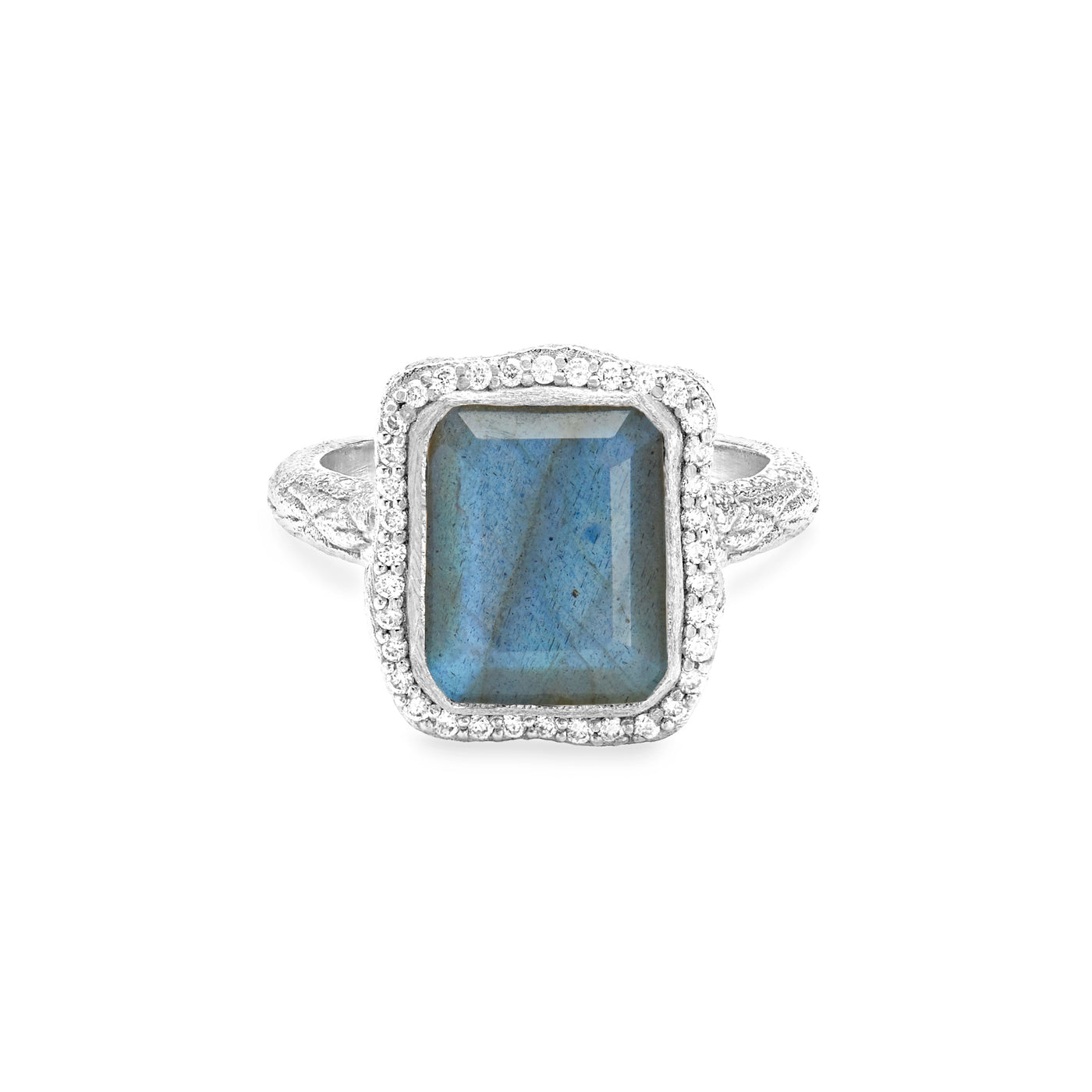 14 Karat Yellow Gold Ring with Rectangle Shaped Labradorite Stone with Halo of White Diamonds Against White Background