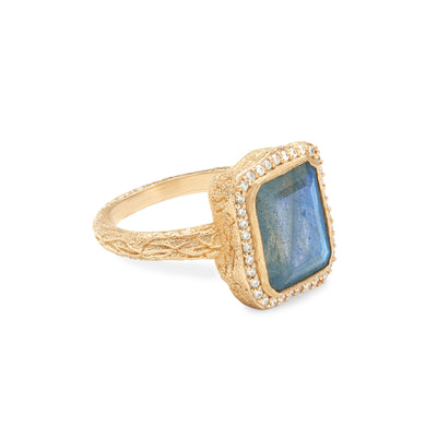 14 Karat Yellow Gold Ring with Rectangle Shaped Labradorite Stone with Halo of White Diamonds Against White Background Turned To Side