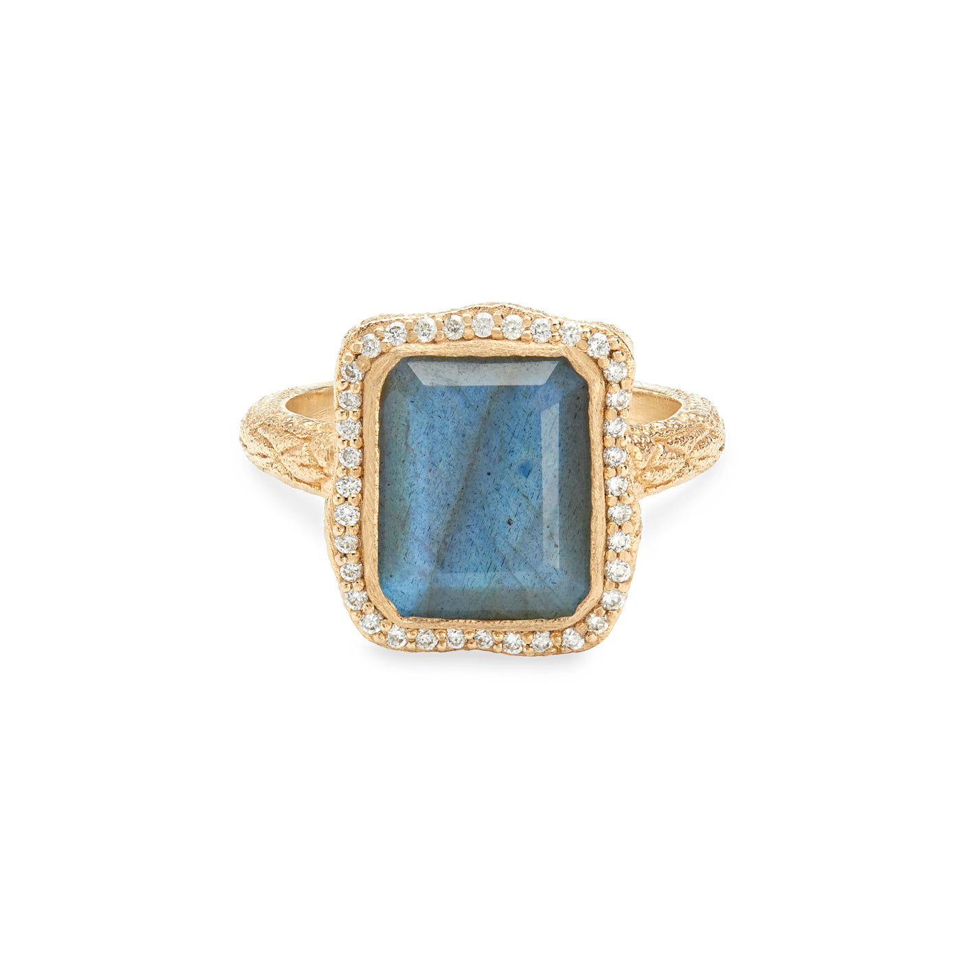 14 Karat Yellow Gold Ring with Rectangle  Shaped Labradorite Stone with Halo of White Diamonds Against White Background