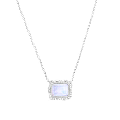 14 Karat White Gold Necklace with Rectangle Shaped Moonstone with Halo of White Diamonds Against White Background