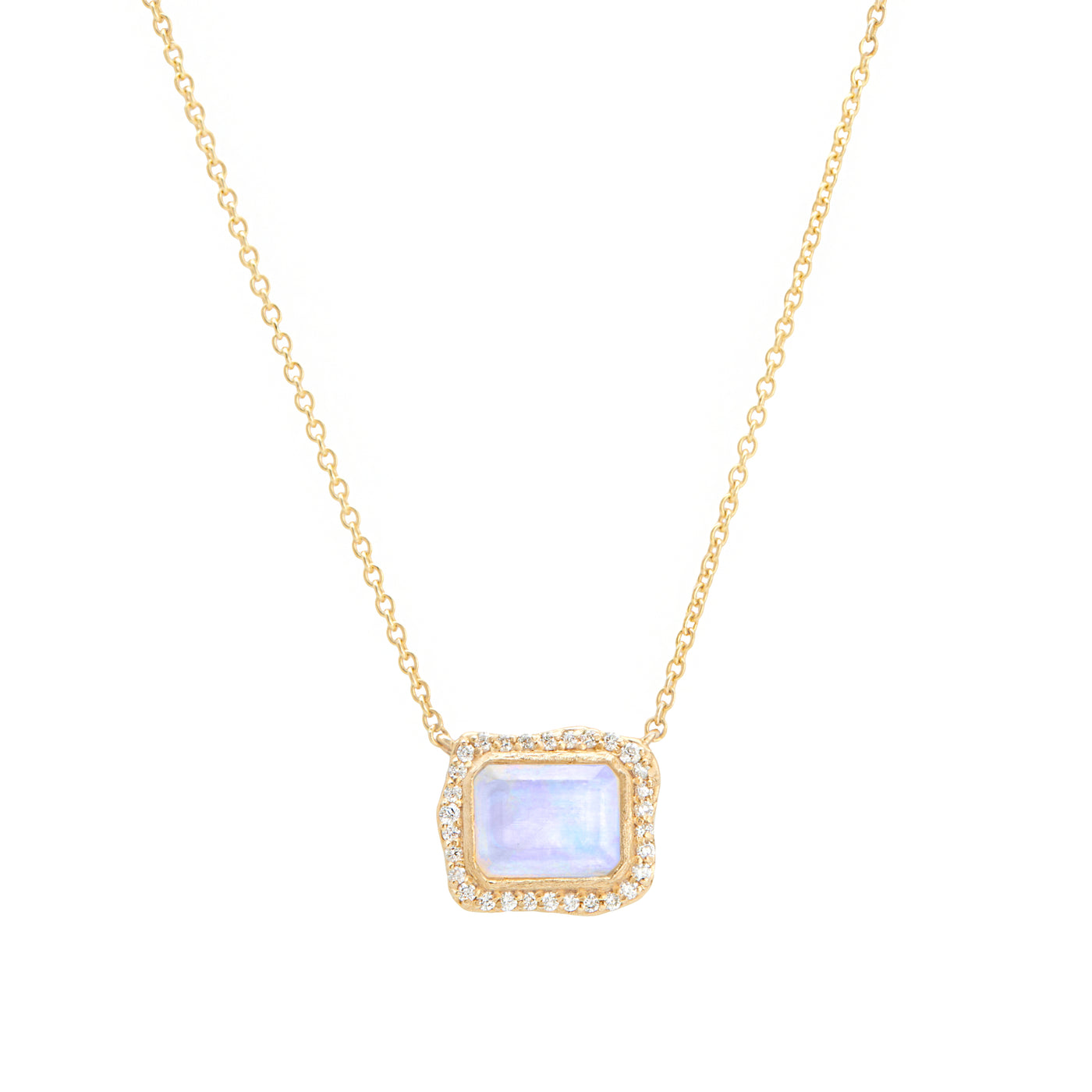 14 Karat Yellow Gold Necklace with Rectangle Shaped Moonstone Stone with Halo of White Diamonds Against White Background