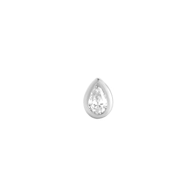 14 Karat White Gold Pear Shaped Stud Earring with Diamond Center Stone on White Background
