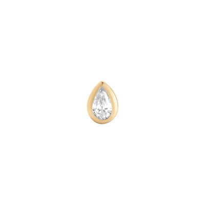 14 Karat Yellow Gold Pear Shaped Stud Earring with Diamond Center Stone on White Background