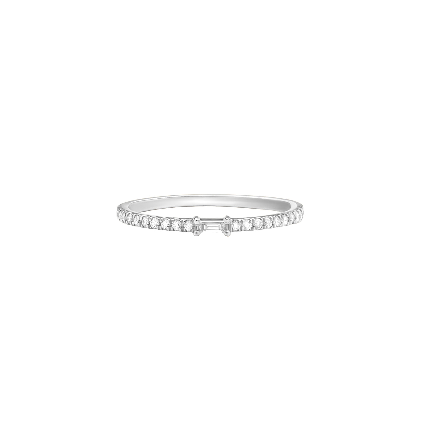 14 Karat White Gold Ring With Baguette Center Stone and One Row of Diamonds Against White Background