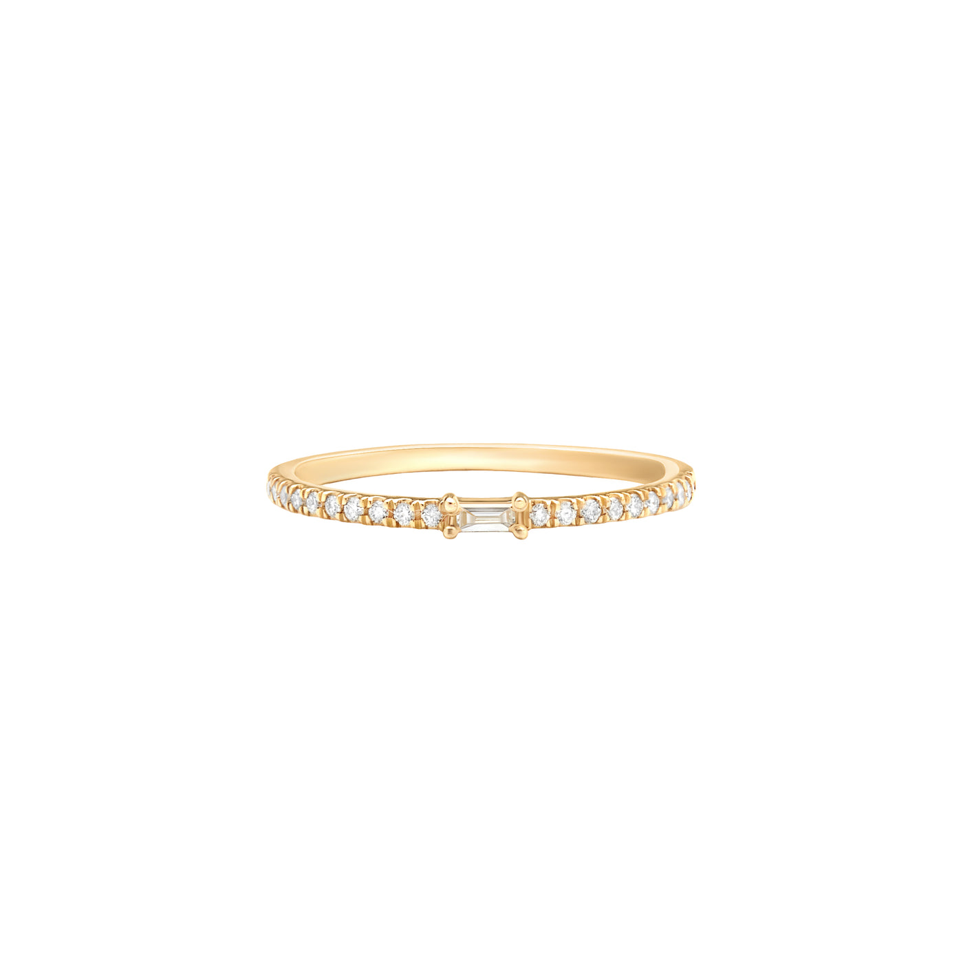 14 Karat Yellow Gold Ring With Baguette Center Stone and One Row of Diamonds Against White Background