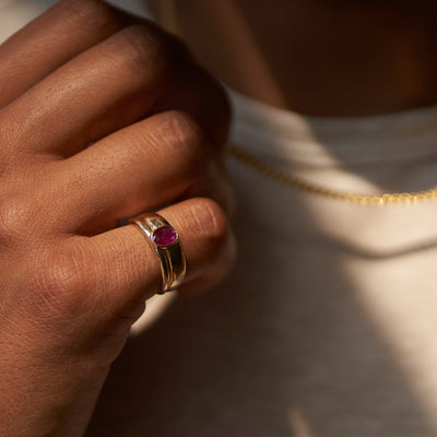 mens yellow gold ring with ruby center stone on model