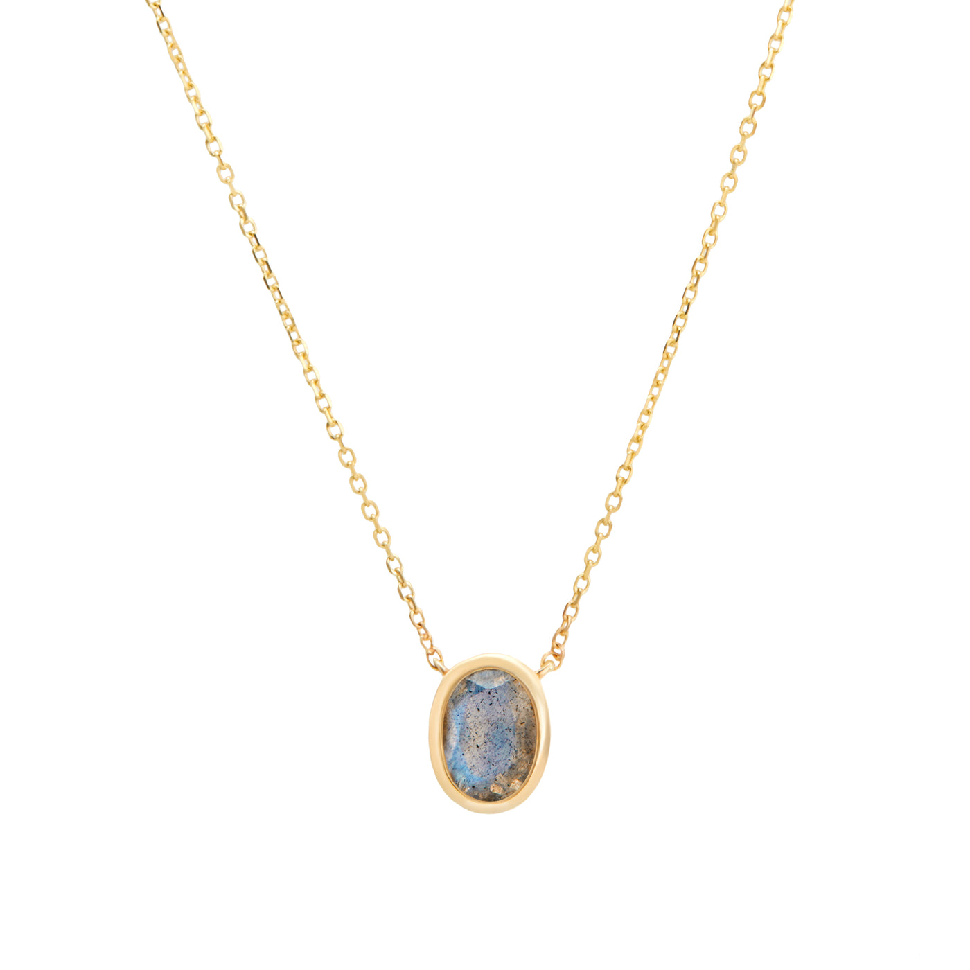  14 Karat Yellow Gold Necklace with Oval Shaped Labradorite Stone Against White Background