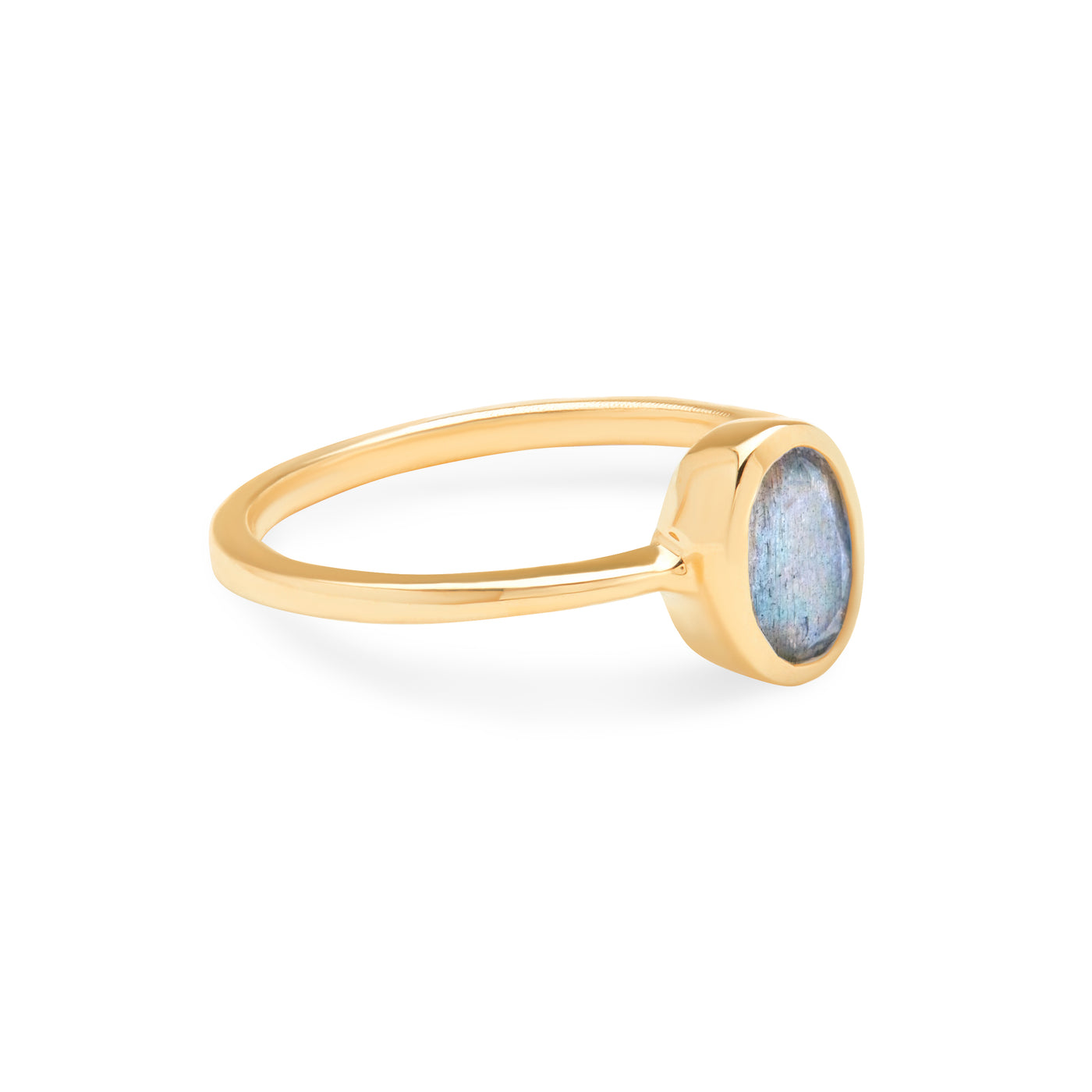 14 Karat Yellow Gold Ring with Oval Shaped Labradorite Stone Against White Background Turned To Side