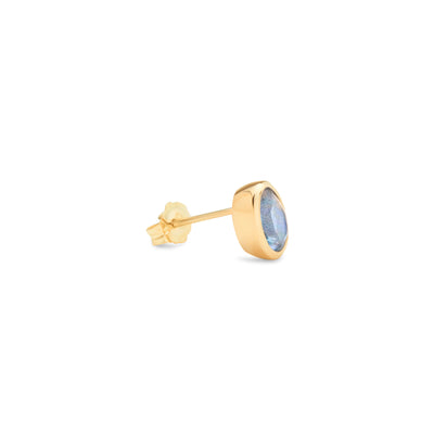 14 Karat Yellow Gold Stud with Oval Shaped Labradorite Stone Against White Background Turned for Side View