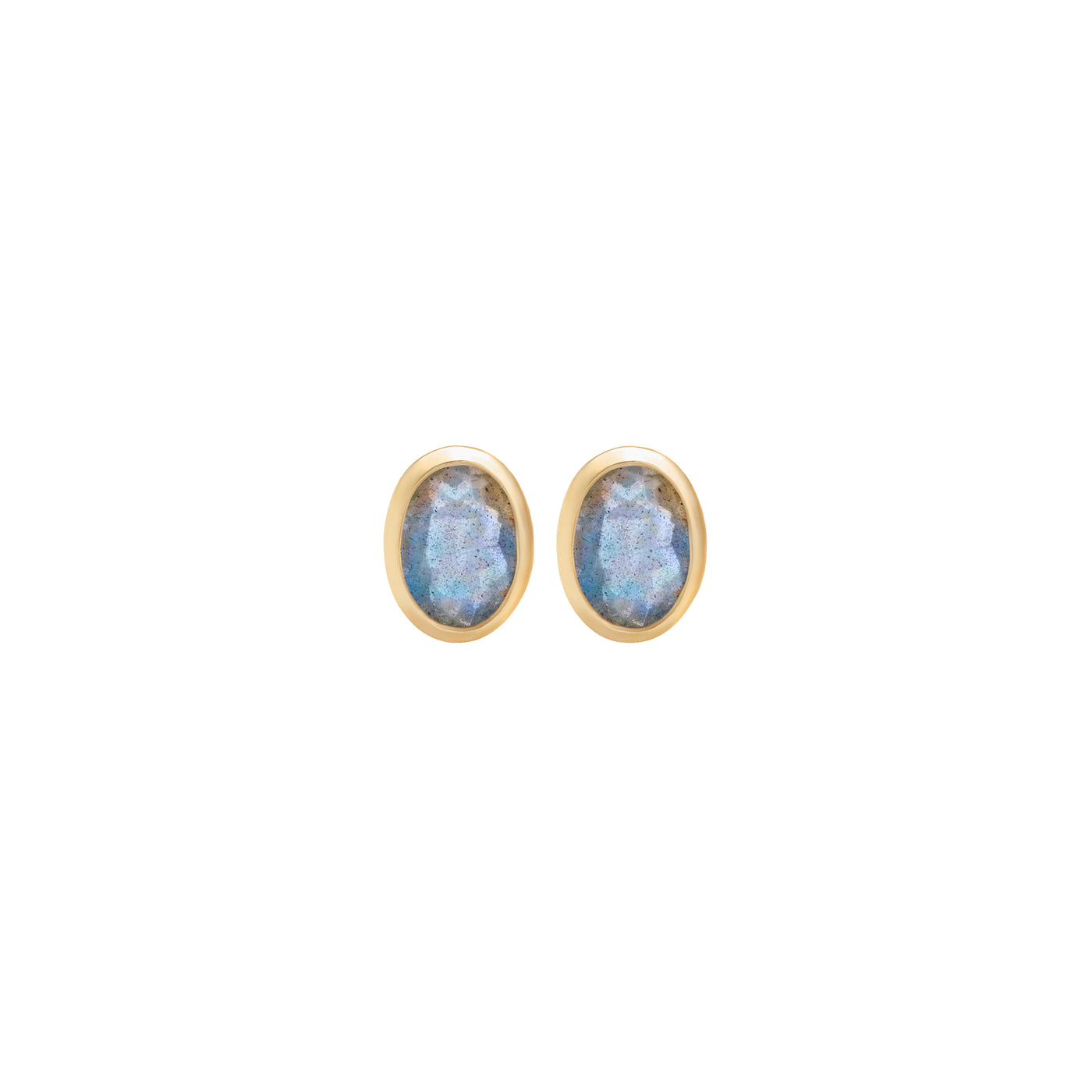 14 Karat Yellow Gold Studs with Oval Shaped Labradorite Stone Against White Background