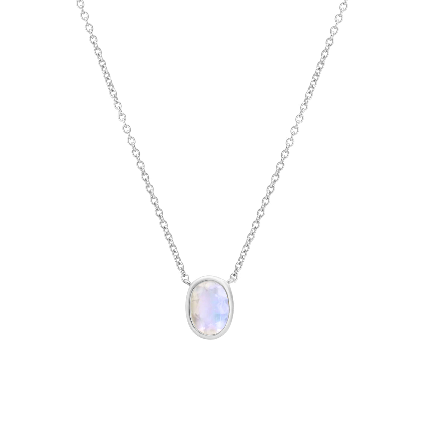 14 Karat White Gold Necklace with Oval Shaped Moonstone Stone Against White Background