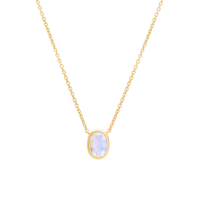 14 Karat Yellow Gold Necklace with Oval Shaped Moonstone Stone Against White Background