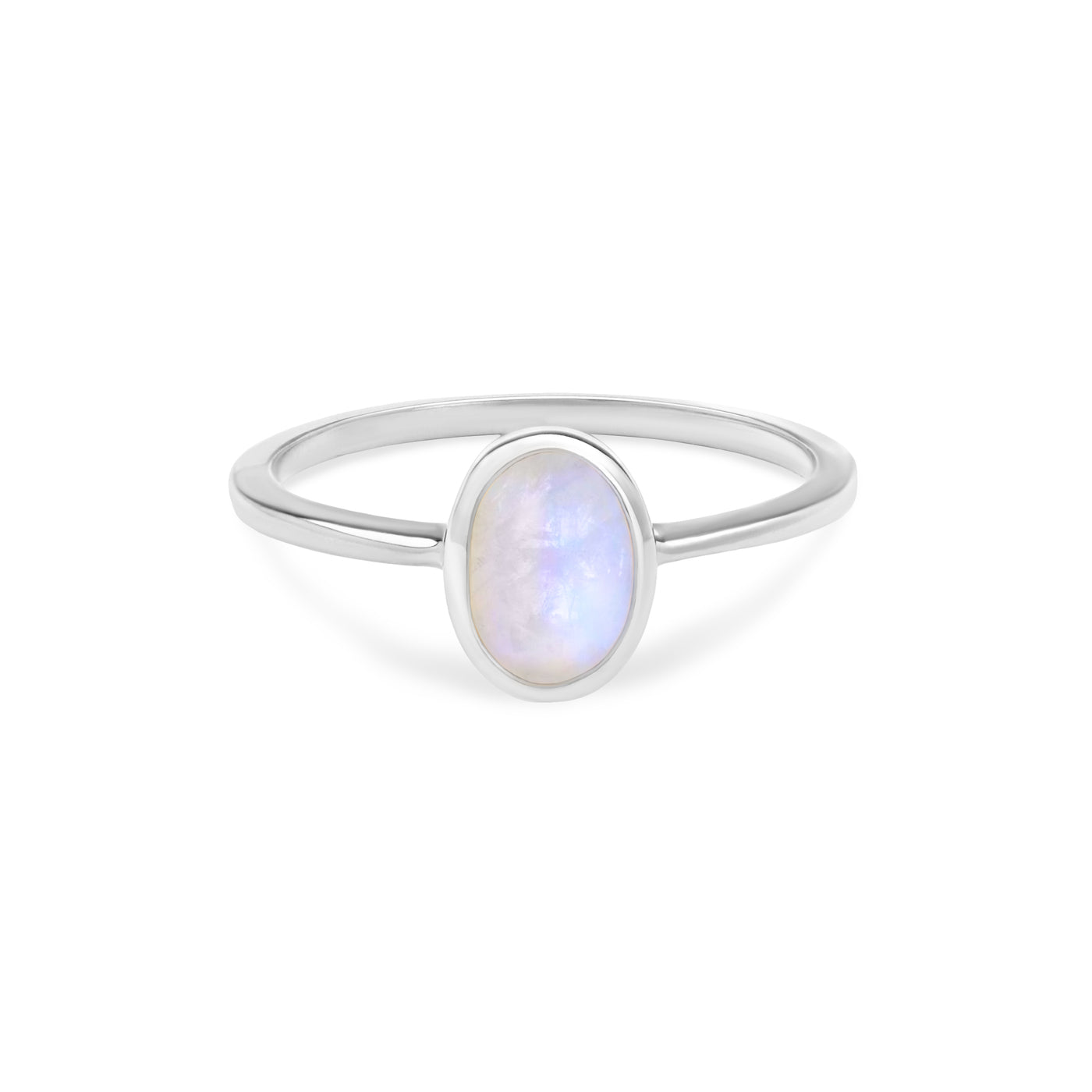 14 Karat White Gold Ring with Oval Shaped Moonstone Stone Against White Background