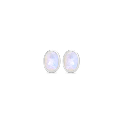 14 Karat White Gold Studs with Oval Shaped Moonstone Stone Against White Background