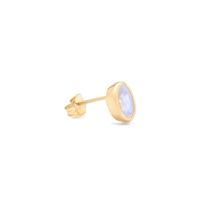 14 Karat Yellow Gold Stud with Oval Shaped Moonstone Stone Against White Background Turned for Side View