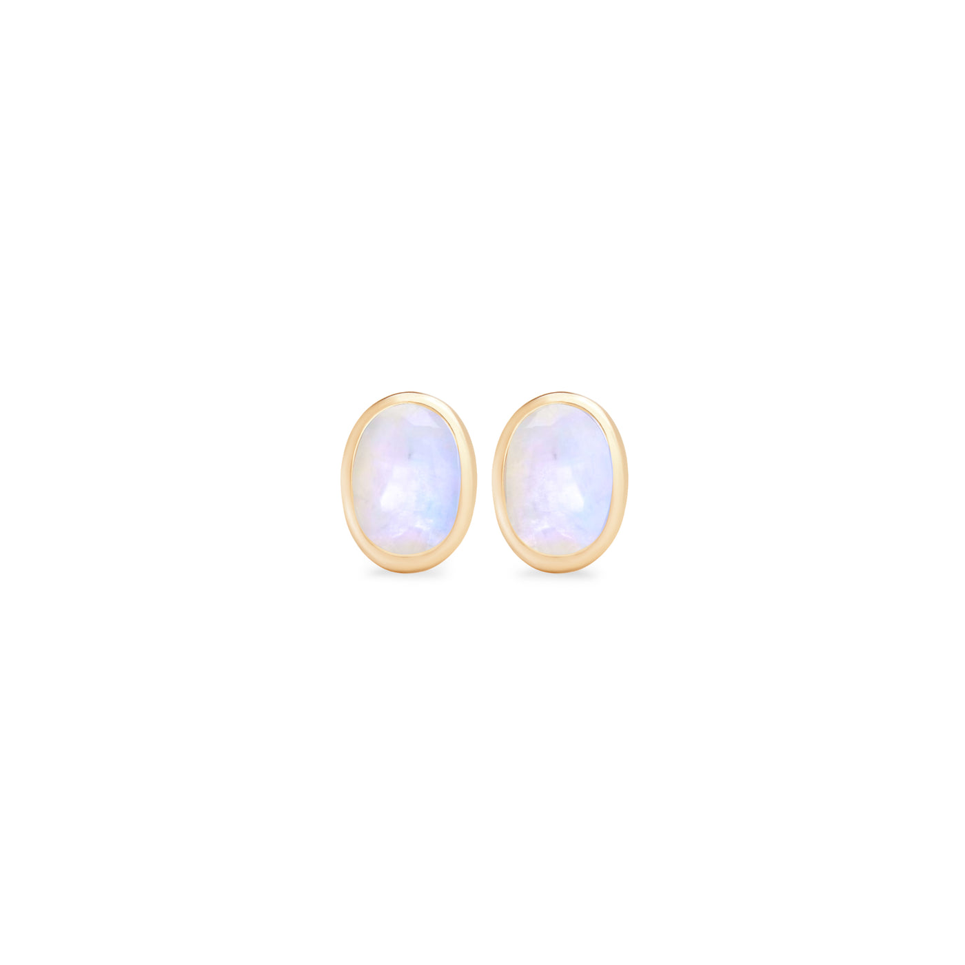 14 Karat Yellow Gold Studs with Oval Shaped Moonstone Stone Against White Background