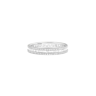 14 Karat White Gold Band features two bordering rows of round diamonds with a center row of tapered baguette diamonds on White Background