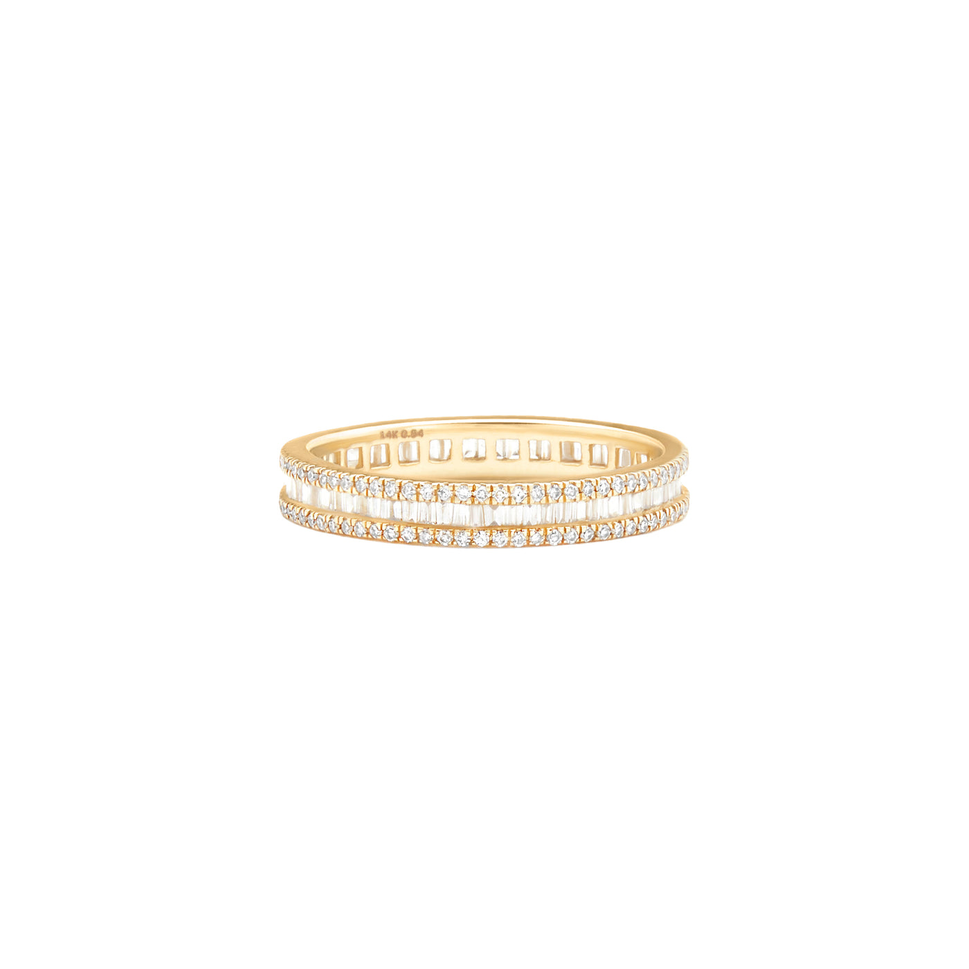 14 Karat Yellow Gold Band features two bordering rows of round diamonds with a center row of tapered baguette diamonds on White Background