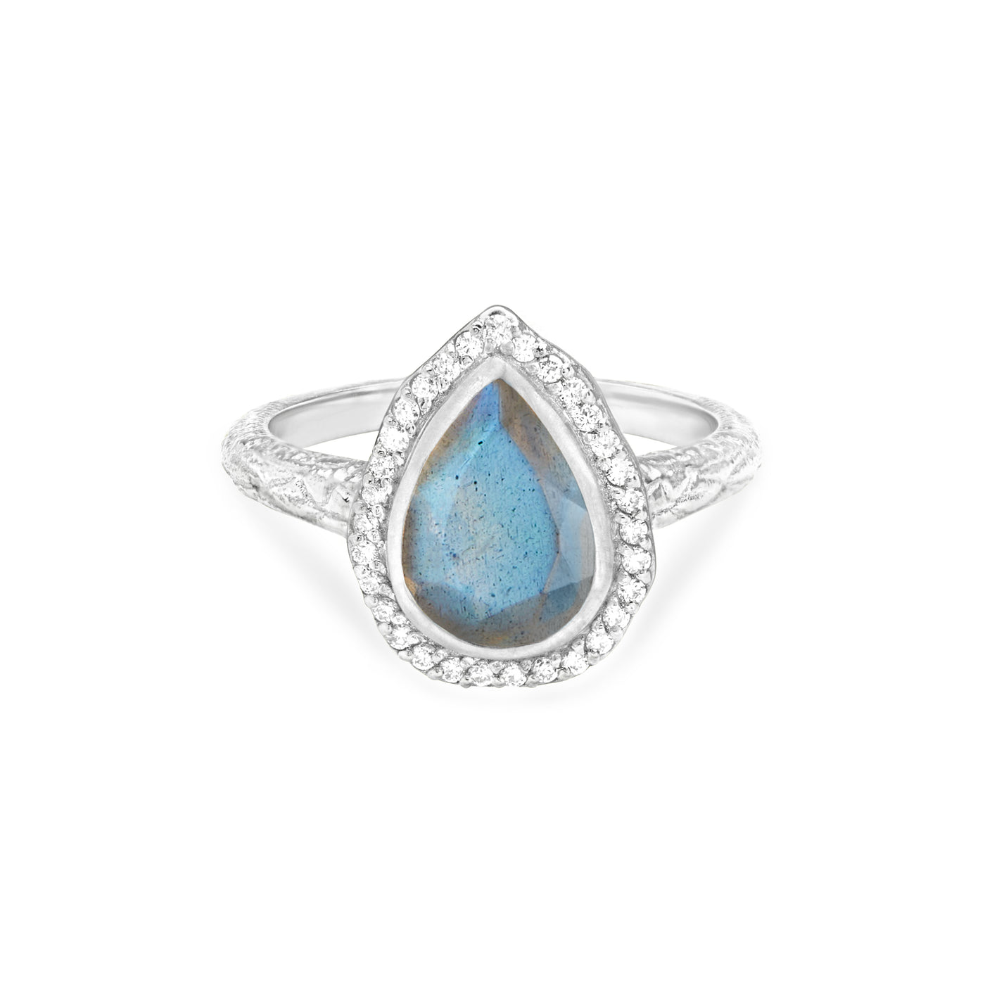 14 Karat White Gold Ring with Pear Shaped Labradorite Stone with Halo of White Diamonds Against White Background