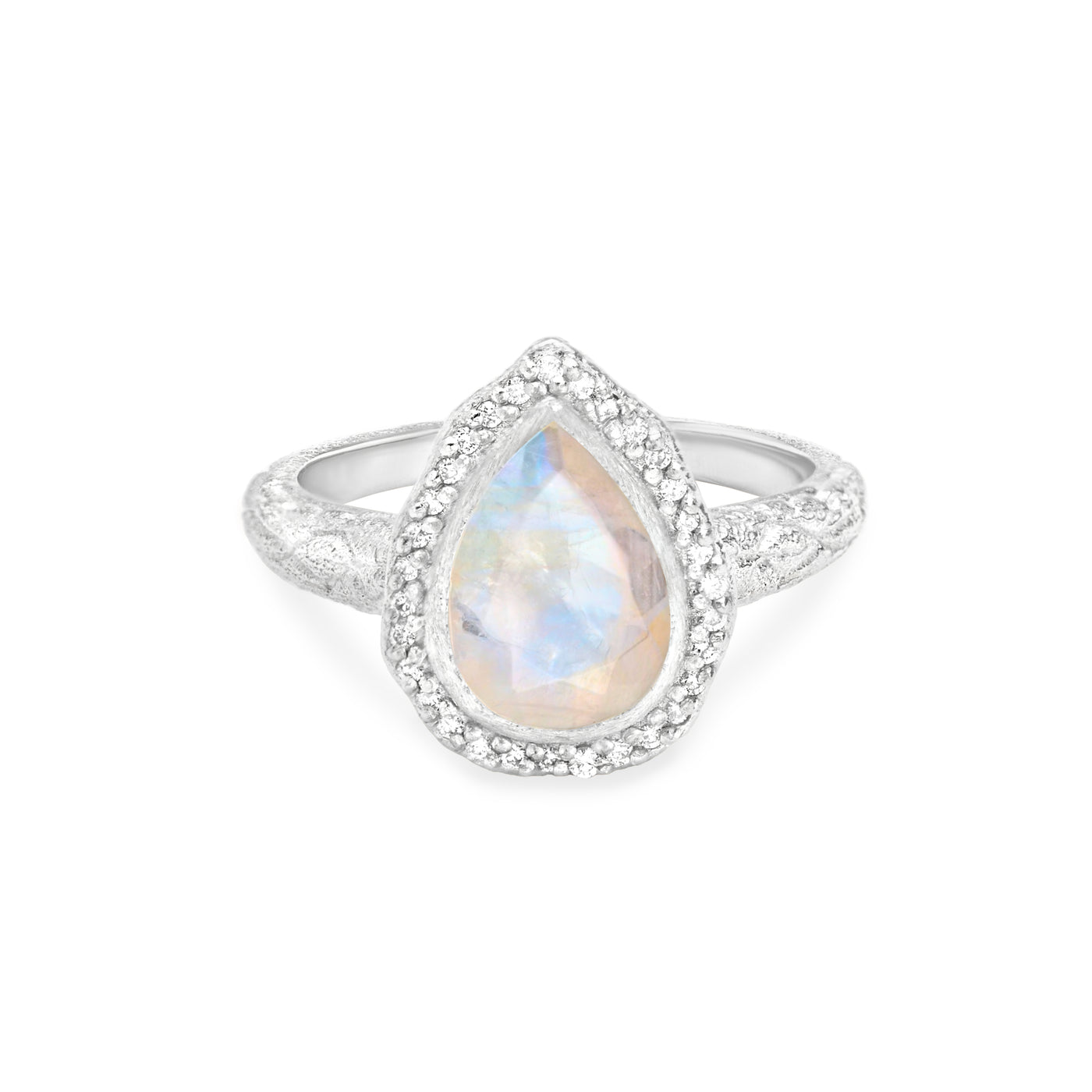 14 Karat White Gold Ring with Pear Shaped Moonstone with Halo of White Diamonds Against White Background