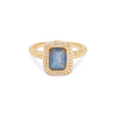 14 Karat Yellow Gold Ring with Rectangle Shaped Labradorite with Halo of White Diamonds Against White Background