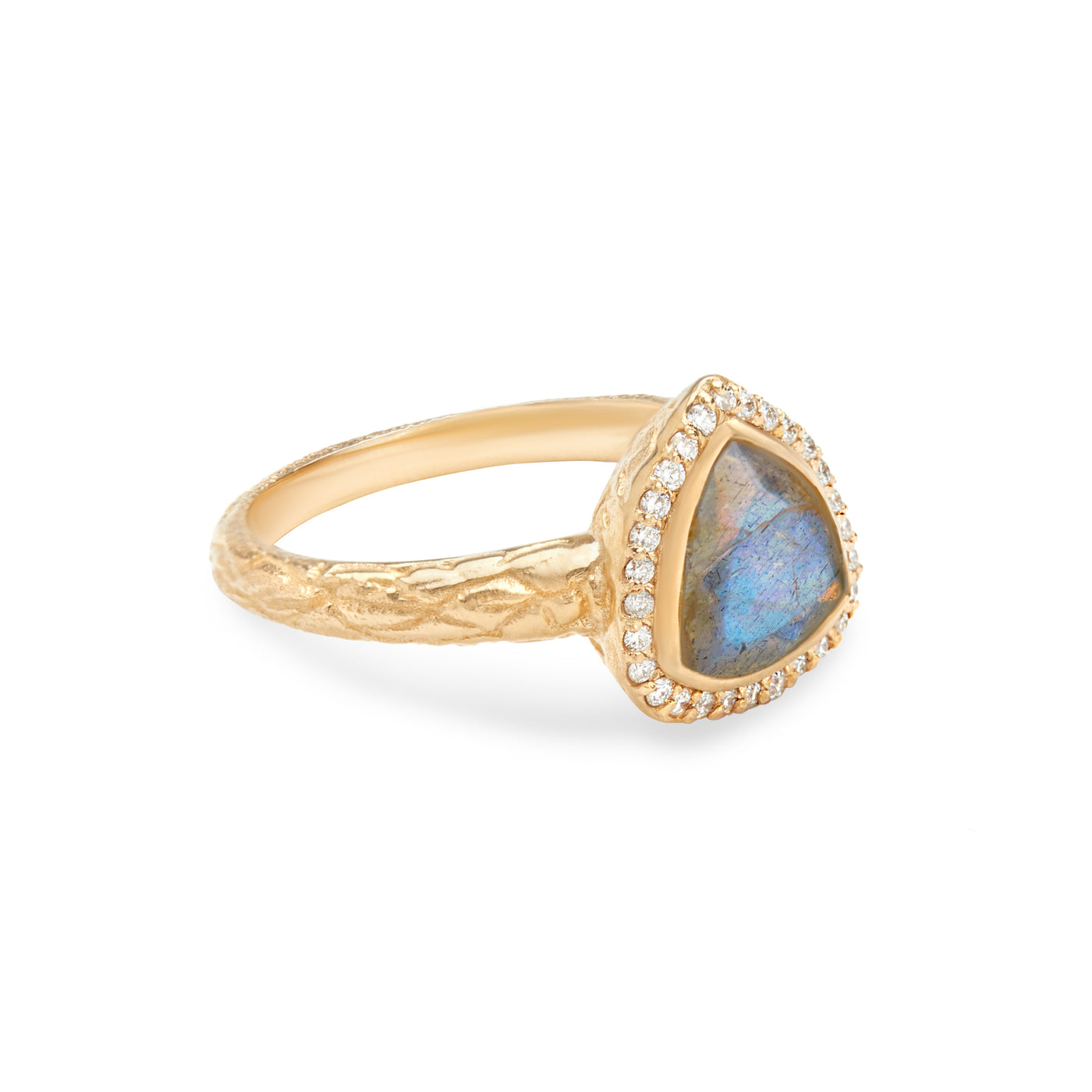 14 Karat Yellow Gold Ring with Triangle Shaped Labradorite with Halo of White Diamonds Against White Background turned for detail