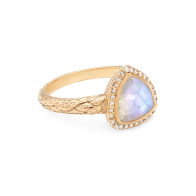 14 Karat Yellow Gold Ring with Triangle Shaped Moonstone with Halo of White Diamonds Against White Background turned for detail